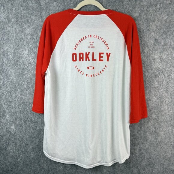 Oakley Men’s Raglan Baseball T-Shirt Size L Red Orange White 3/4 Sleeve Logo - Picture 3 of 10